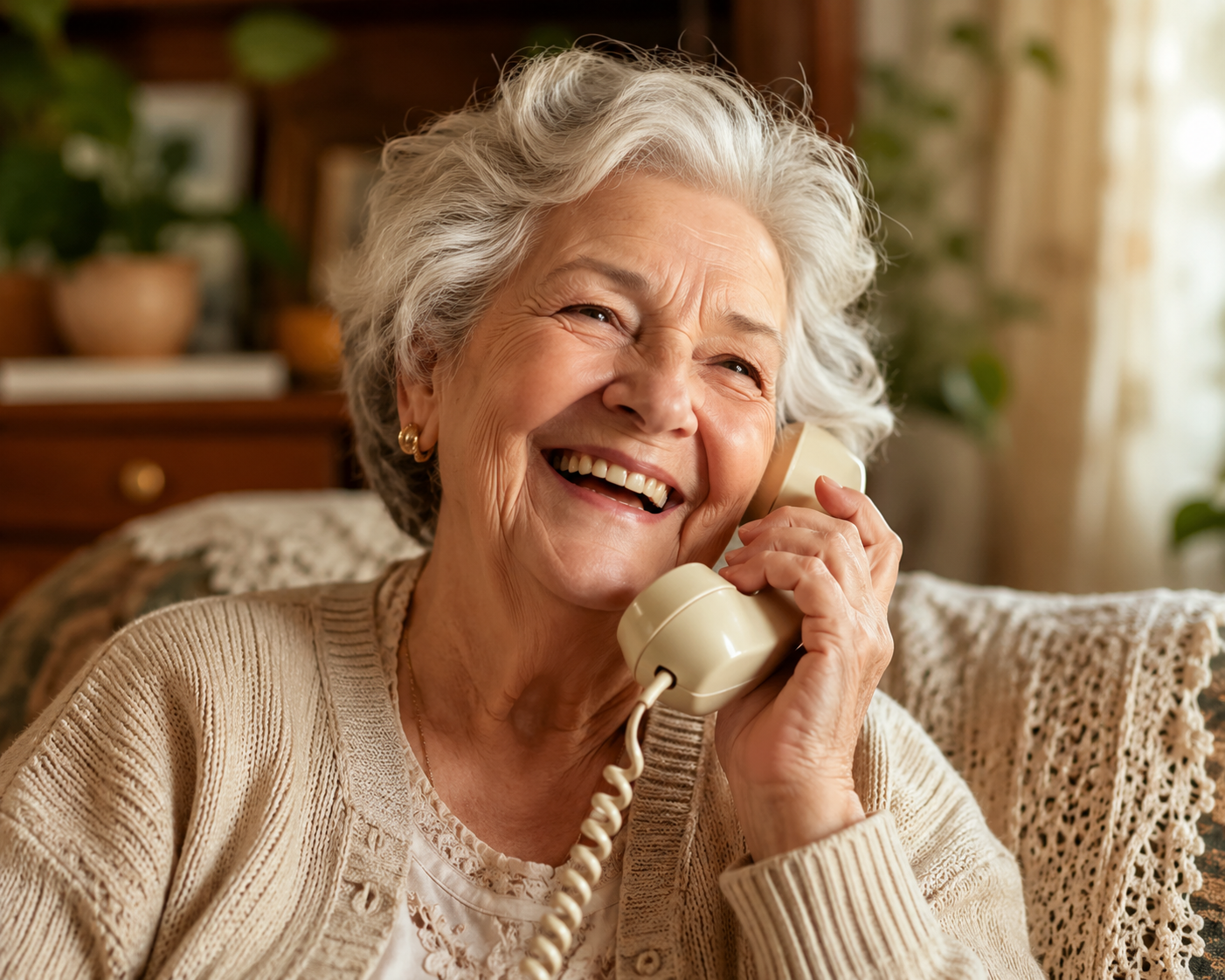 Elderly parent laughing while talking on a telephone